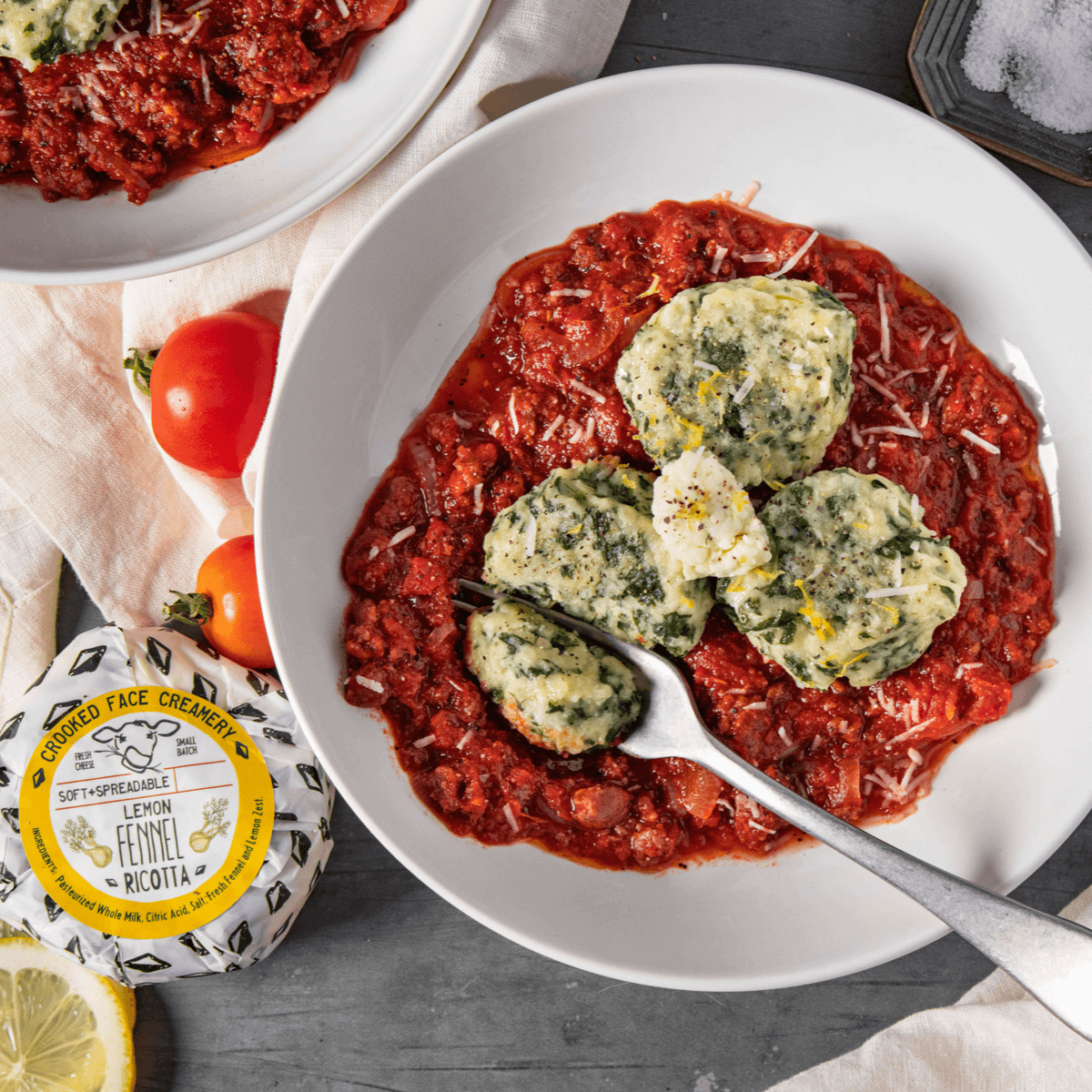 Spinach Gnudi with Bolognese