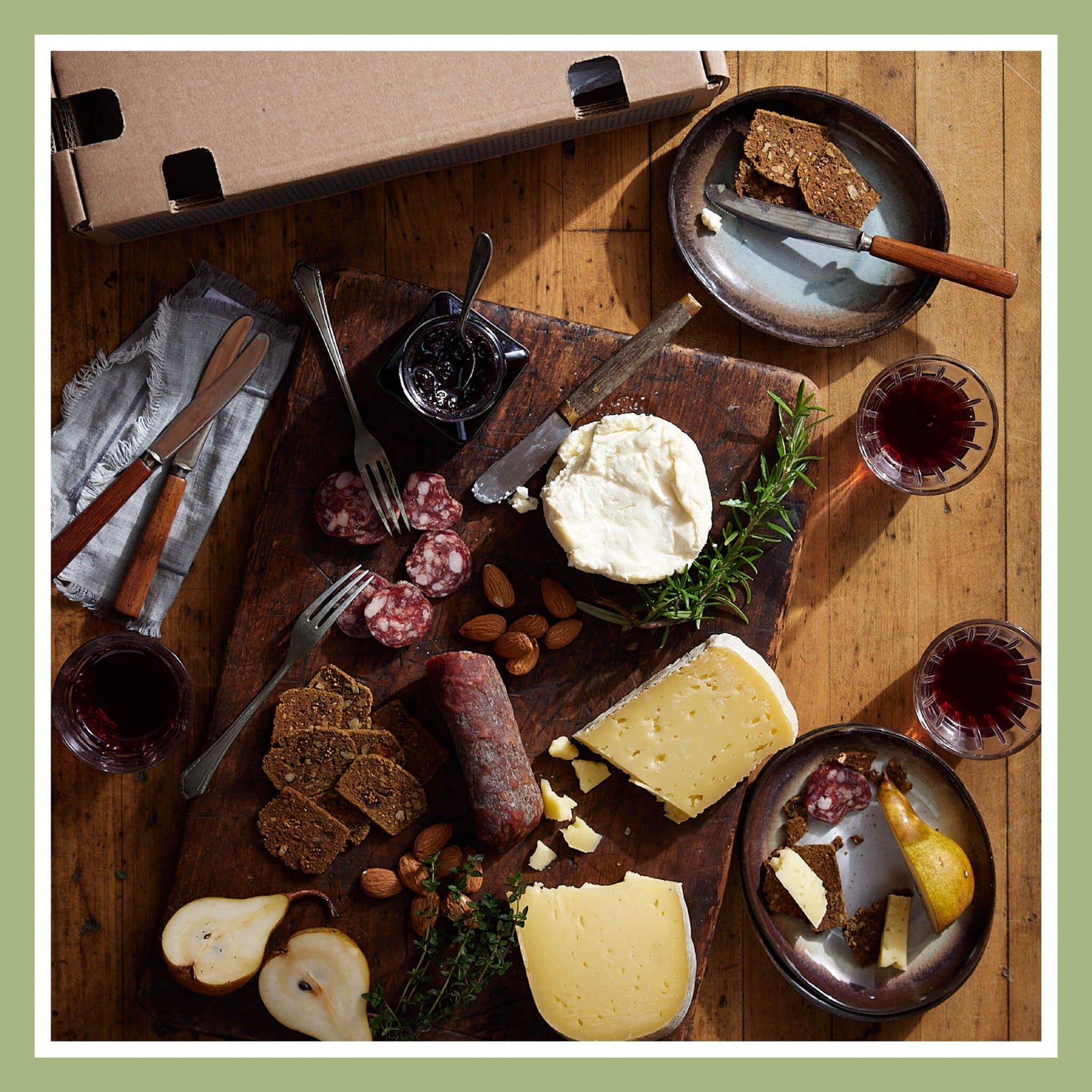Charcuterie board with artisan cheeses, meats, and accompaniments